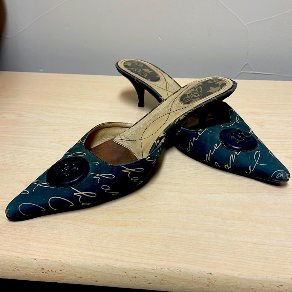 Fabric Chanel slide. Purchased at Saks Fifth Avenue.